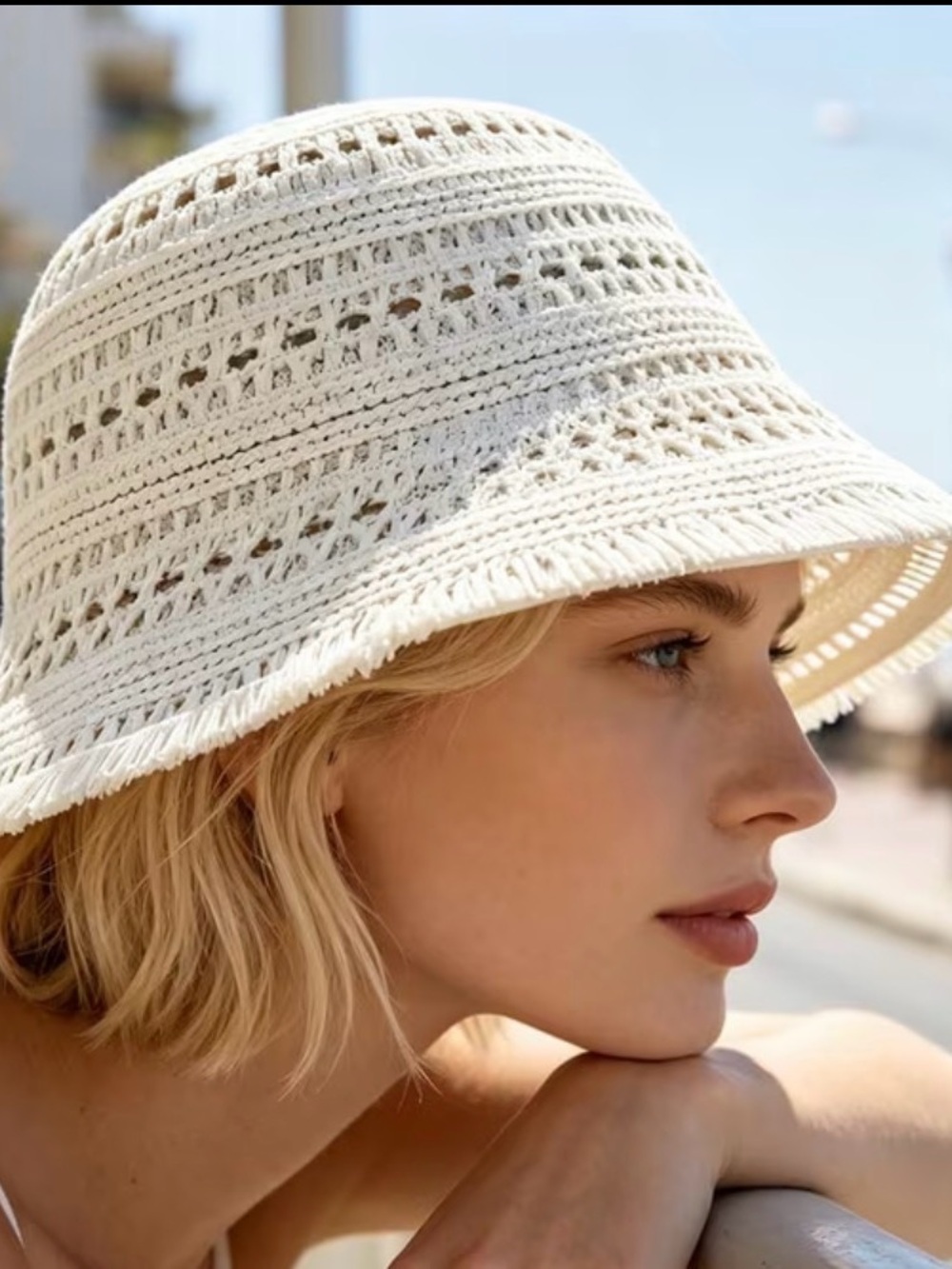Woven Crochet Bucket Hat - Cream